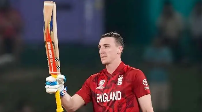 England Captain Harry Brook celebrating his hundred against Pakistan in the super 8 clash of T20 World Cup