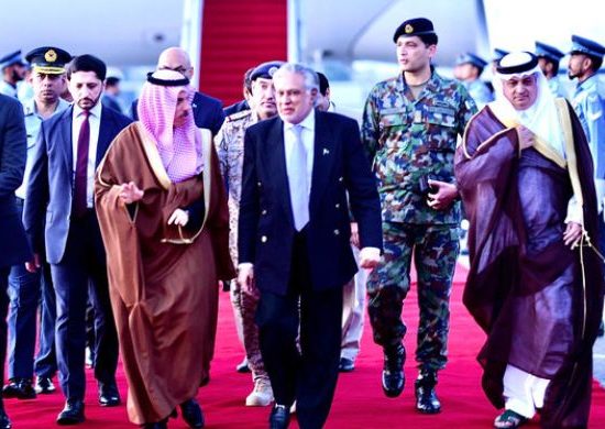 Pakistan's foreign minister Ishaq Dar (right) receives his Saudi counterpart, Prince Faisal bin Farhan (left), at Nur Khan air base in Rawalpindi, Pakistan on April 15, 2024. (Government of Pakistan)