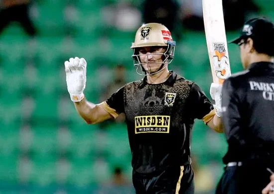 Hyderabad Kingsmen batsman Maaz Sadaqat celebrating after scoring during PSL 11 knockout match against Multan Sultans