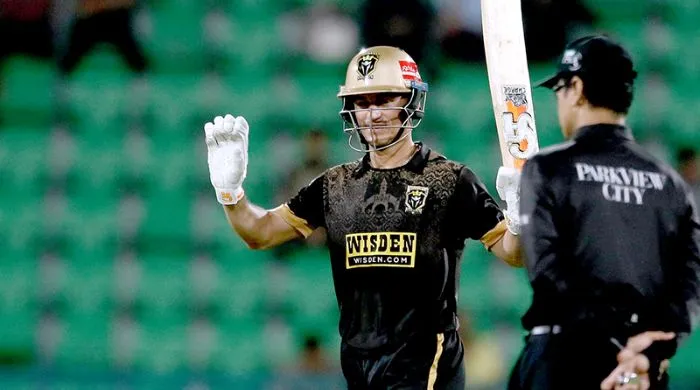 Hyderabad Kingsmen batsman Maaz Sadaqat celebrating after scoring during PSL 11 knockout match against Multan Sultans
