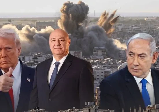 Political leaders Donald Trump and Benjamin Netanyahu featured in a graphic about the Israel-Lebanon conflict and regional Middle East diplomacy.