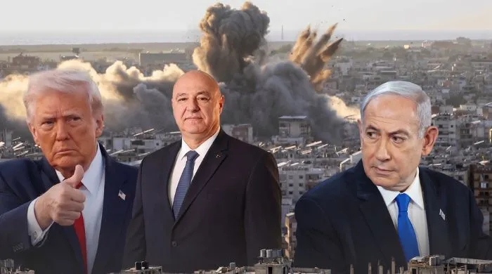Political leaders Donald Trump and Benjamin Netanyahu featured in a graphic about the Israel-Lebanon conflict and regional Middle East diplomacy.