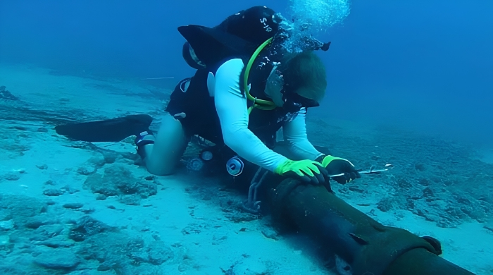 Technician diver repairs an underwater internet cable on the ocean floor, representing the submarine cable maintenance linked to Pakistan’s expected week-long internet slowdown.