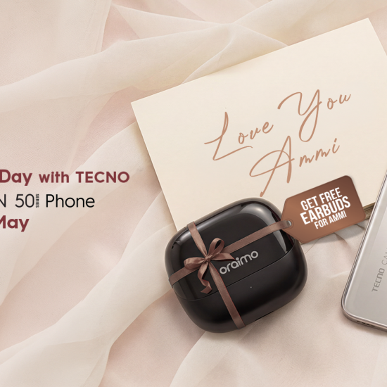 TECNO CAMON 50 Series smartphone and complimentary earbuds displayed alongside a Mother’s Day card, promoting TECNO Pakistan’s “Love You Ammi” campaign offer for May 9.
