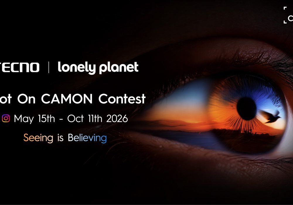 TECNO and Lonely Planet Shot On CAMON Contest 2026 banner showcasing the theme ‘Seeing is Believing’ with a close-up of an eye reflecting a sunset landscape and a flying bird, promoting global smartphone photography competition.