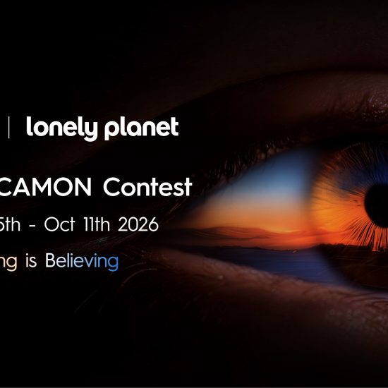 TECNO and Lonely Planet Shot On CAMON Contest 2026 banner showcasing the theme ‘Seeing is Believing’ with a close-up of an eye reflecting a sunset landscape and a flying bird, promoting global smartphone photography competition.