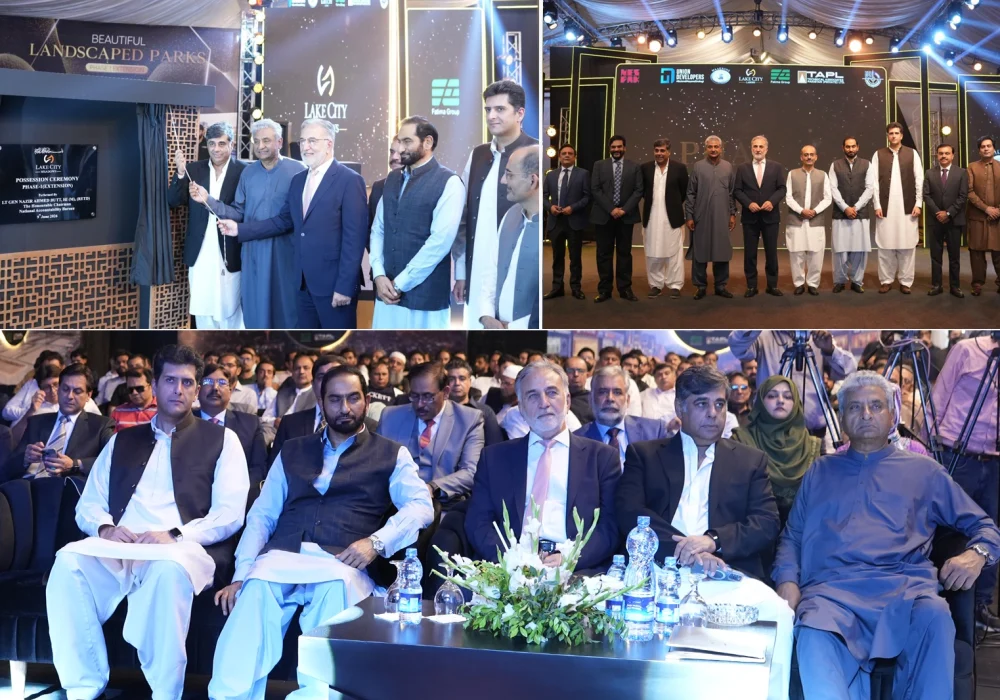 Officials and consortium representatives at Lake City Meadows Phase 1 Extension handover ceremony, including Chairman NAB Lt. Gen. (R) Nazir Ahmed Butt, project developers, and plot owners, marking the formal commencement of possession for residential plots.