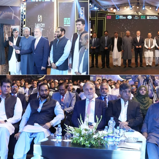 Officials and consortium representatives at Lake City Meadows Phase 1 Extension handover ceremony, including Chairman NAB Lt. Gen. (R) Nazir Ahmed Butt, project developers, and plot owners, marking the formal commencement of possession for residential plots.