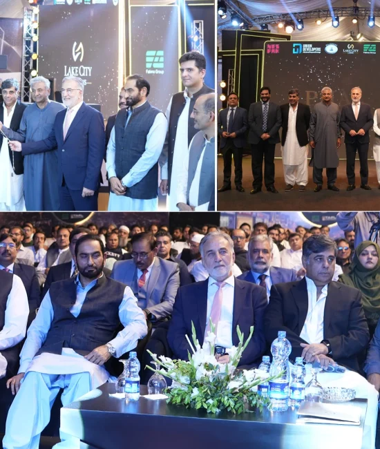 Officials and consortium representatives at Lake City Meadows Phase 1 Extension handover ceremony, including Chairman NAB Lt. Gen. (R) Nazir Ahmed Butt, project developers, and plot owners, marking the formal commencement of possession for residential plots.