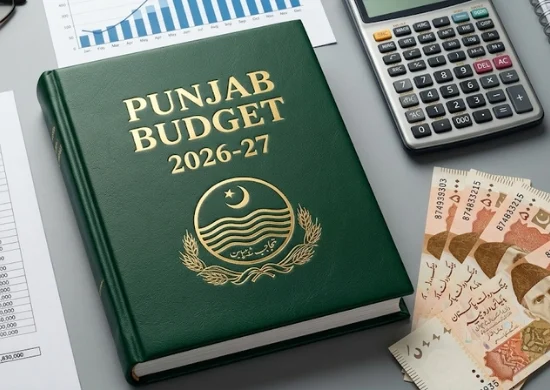 Punjab Budget 2026-27 book with calculator, Pakistani currency, charts, and financial documents symbolizing fiscal planning, development projects, and public welfare allocations.