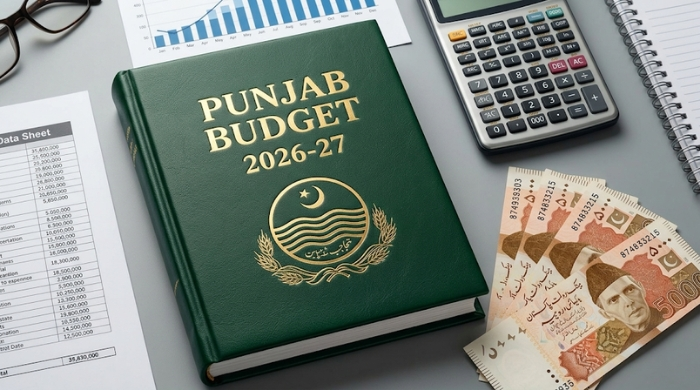 Punjab Budget 2026-27 book with calculator, Pakistani currency, charts, and financial documents symbolizing fiscal planning, development projects, and public welfare allocations.