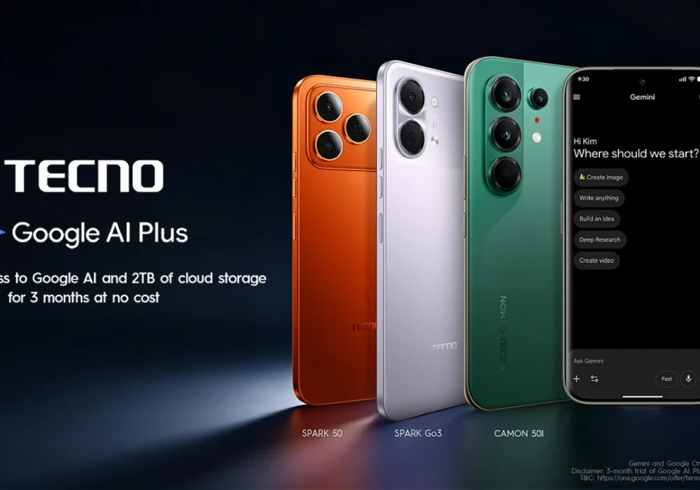 A lineup of TECNO smartphones including SPARK 50, SPARK Go3, and CAMON 50i, showing the Google AI Plus interface on one phone, highlighting the 3-month free trial with 2 TB cloud storage and AI-powered features for eligible devices.