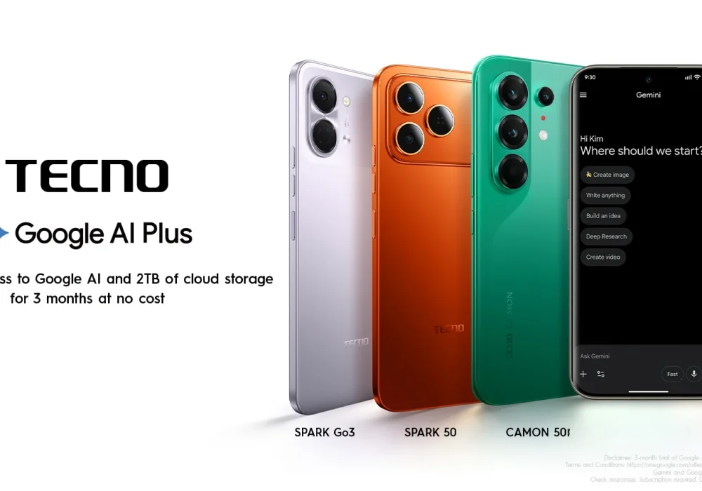 TECNO smartphones with Google AI Plus offer for three months of AI access and 2TB cloud storage.