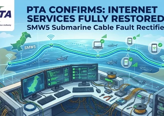 Illustration showing PTA confirmation of restored internet services in Pakistan after the SMW5 submarine cable fault was rectified.