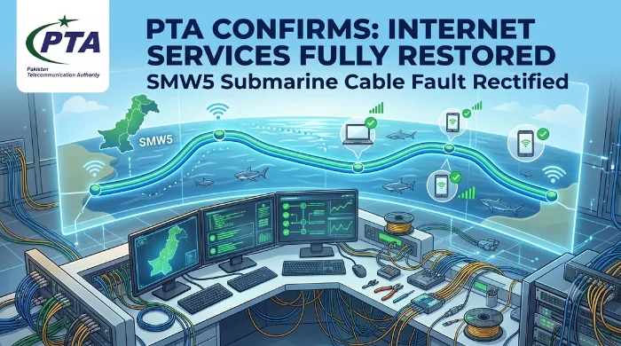 Illustration showing PTA confirmation of restored internet services in Pakistan after the SMW5 submarine cable fault was rectified.