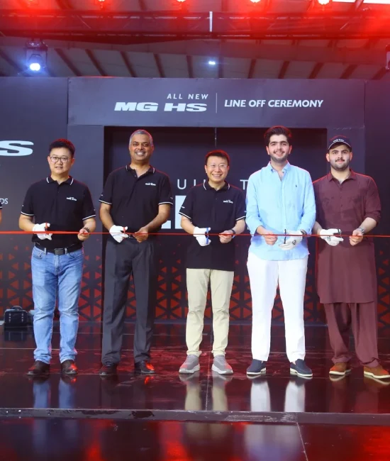 MG Pakistan officials holding a ribbon-cutting ceremony for the CKD line-off of the All New MG HS Hybrid+ and Super Hybrid vehicles.