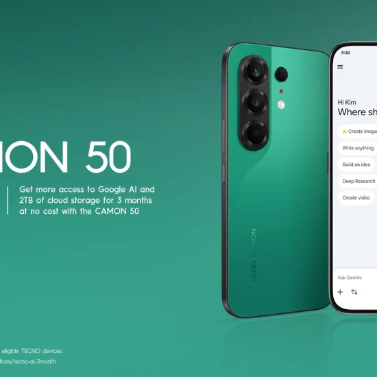 TECNO CAMON 50 displayed with Google AI Plus, highlighting three months of AI access and 2TB cloud storage at no cost for eligible users.
