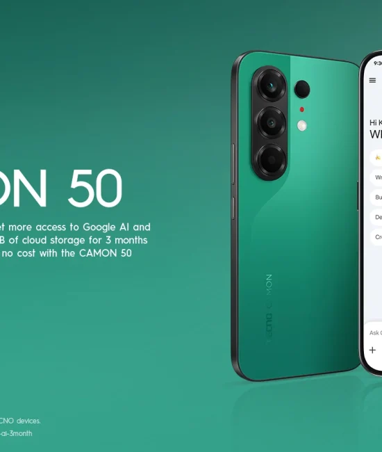 TECNO CAMON 50 displayed with Google AI Plus, highlighting three months of AI access and 2TB cloud storage at no cost for eligible users.