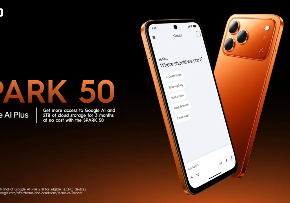 TECNO SPARK 50 smartphone featuring Google AI Plus with 2TB cloud storage offer for eligible users.
