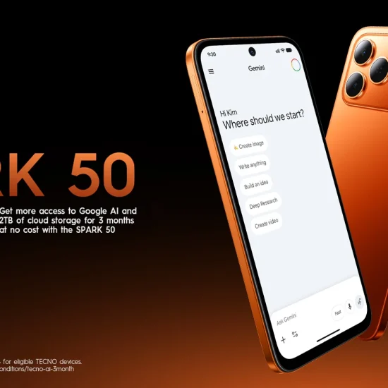 TECNO SPARK 50 smartphone featuring Google AI Plus with 2TB cloud storage offer for eligible users.