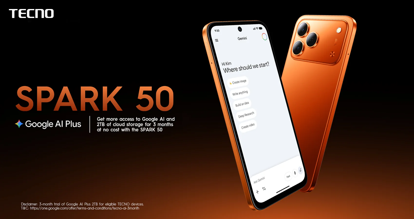 TECNO SPARK 50 smartphone featuring Google AI Plus with 2TB cloud storage offer for eligible users.
