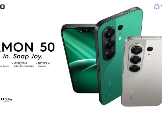 TECNO CAMON 50 smartphone shown with 50MP Sony camera, IP69K/IP68 protection and TECNO AI features, highlighting its premium all-rounder smartphone capabilities.