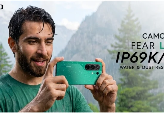 Man using TECNO CAMON 50 in the rain, highlighting its IP68/IP69K water and dust resistance for monsoon photography and outdoor content creation.