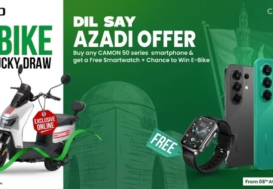 TECNO Dil Say Azadi Offer featuring CAMON 50 Series smartphones, free smartwatch, and online lucky draw chance to win a Revoo e-bike.