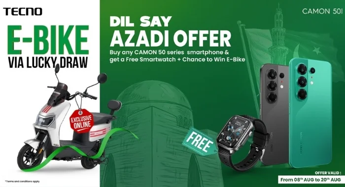 TECNO Dil Say Azadi Offer featuring CAMON 50 Series smartphones, free smartwatch, and online lucky draw chance to win a Revoo e-bike.
