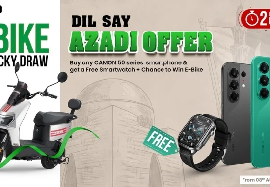 TECNO CAMON 50 Series Dil Say Azadi offer with free smartwatch and chance to win Revoo Y06 electric bike through lucky draw