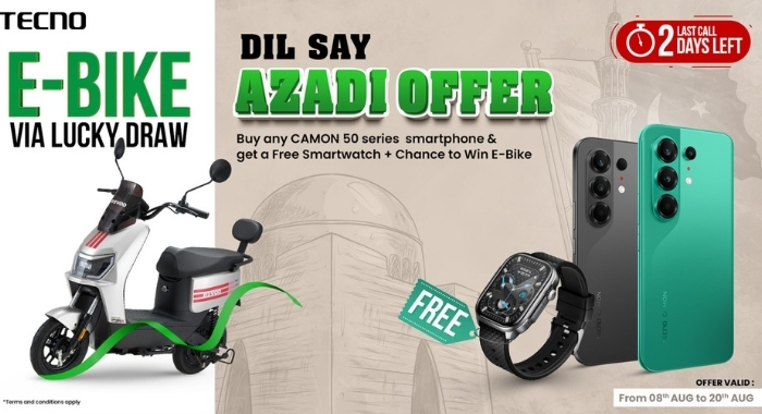 TECNO CAMON 50 Series Dil Say Azadi offer with free smartwatch and chance to win Revoo Y06 electric bike through lucky draw