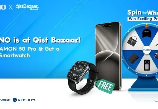 TECNO Qist Bazaar Expo banner highlighting the CAMON 50 Pro free smartwatch offer and Spin the Wheel activity with exciting prizes.