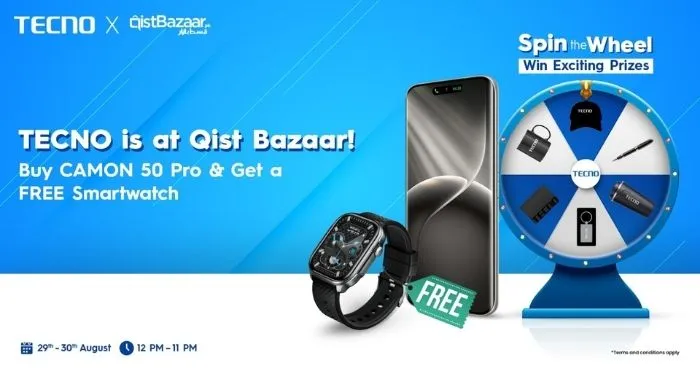 TECNO Qist Bazaar Expo banner highlighting the CAMON 50 Pro free smartwatch offer and Spin the Wheel activity with exciting prizes.