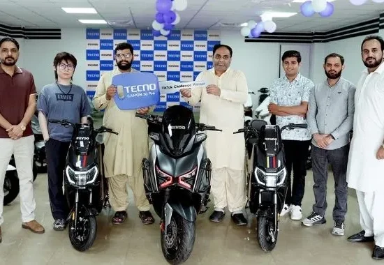 TECNO Pakistan TikTok Challenge winners receive REVOO electric bikes at the CAMON 50 Series event.