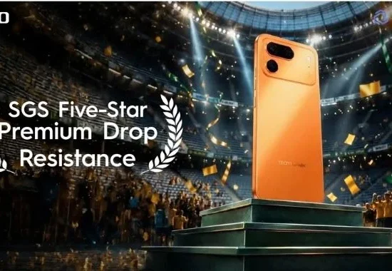 TECNO SPARK 50 Pro showcased with SGS Five-Star Premium Drop Resistance certification, highlighting its durable design for everyday use.
