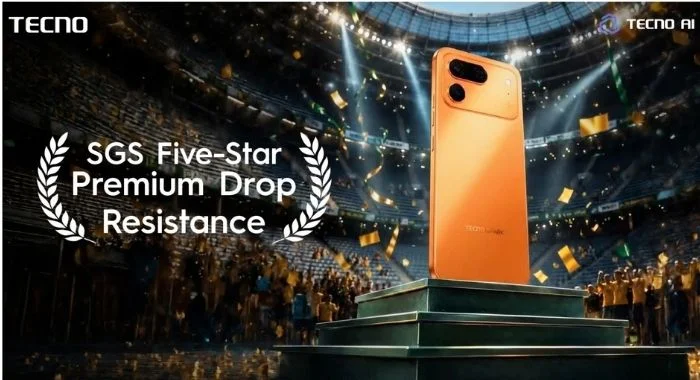 TECNO SPARK 50 Pro showcased with SGS Five-Star Premium Drop Resistance certification, highlighting its durable design for everyday use.