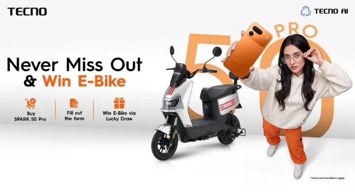 Never Miss Out: Buy a TECNO SPARK 50 Pro, Win an E-Bike With every SPARK 50 Pro purchase — online or in-store — is an entry into TECNO Pakistan’s lucky draw LAHORE, Monday, 14 September 2026: Following the launch of the SPARK 50 Pro, TECNO Pakistan has announced a nationwide lucky draw giving customers the chance to win an E-Bike with their purchase. The promotion is open to SPARK 50 Pro offline buyers across the country. Taking part is straightforward. Customers who purchase the TECNO SPARK 50 Pro during the promotion period simply need to fill out the designated participation form, entering their purchase details. Once submitted, the entry is confirmed and goes into the draw for a chance to win an E-Bike. The promotion is valid for offline purchases only, covering TECNO’s authorised retail network nationwide. The promotion is valid until 30 September 2026, with winners announced on TECNO Pakistan’s official social media channels. The prize fits the campaign it sits inside. Never Miss Out is about not being held back — by a dead battery, a missed photo, or a phone that gives up when the day gets difficult. An E-Bike carries that idea beyond the phone, offering the freedom to move without worrying about being left waiting. The SPARK 50 Pro was built on the same thinking. Its segment-only 60W Super Charge and 6000mAh battery delivers a 15-minute reset that gets users through the rest of the day, while a 50MP Sony LYTIA 600 camera with FlashSnap is fast enough to freeze the moments most phones blur. Built for everyday conditions, the device carries IP68 and IP69 protection against water and dust alongside SGS Five-Star Premium Drop certification, so rain, dust and the occasional fall are handled without drama. The TECNO SPARK 50 Pro is available now at Rs. 74,999 in Ink Black, Titanium Grey, Dynamic Orange and Midnight Blue, through authorised TECNO outlets nationwide and online partners. Customers are encouraged to visit their nearest outlet to see the phone in person — and to enter the draw.