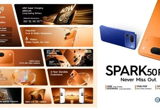 TECNO SPARK 50 Pro highlighting 60W Super Charge, 6000mAh battery, 50MP Sony LYTIA 600 camera, IP68/IP69 protection, and durable design