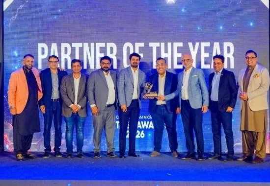 DWP Technologies team receives the Partner of the Year award at the Cisco Partner Awards FY 2025–26 in Karachi.