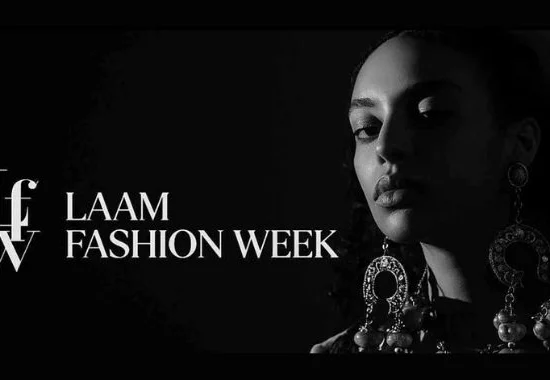 LAAM Fashion Week Season 2 promotional image featuring a black-and-white fashion portrait and official logo ahead of the October 23–26, 2026 event in Lahore.