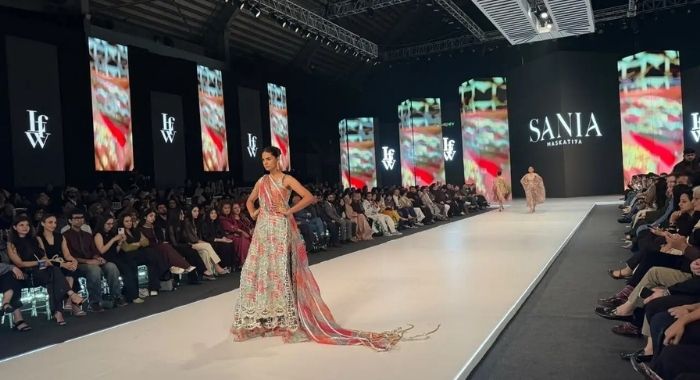 Model walks the runway wearing an embroidered outfit from Sania Maskatiya’s LALEH collection at LAAM Fashion Week Season 2 Day 1 in Lahore, 2026.