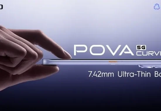 TECNO POVA Curve 2 5G shown with its 7.42mm ultra-thin curved body, highlighting the slim “Beauty” side of its Beauty and Beast design concept.