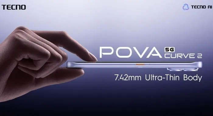 TECNO POVA Curve 2 5G shown with its 7.42mm ultra-thin curved body, highlighting the slim “Beauty” side of its Beauty and Beast design concept.