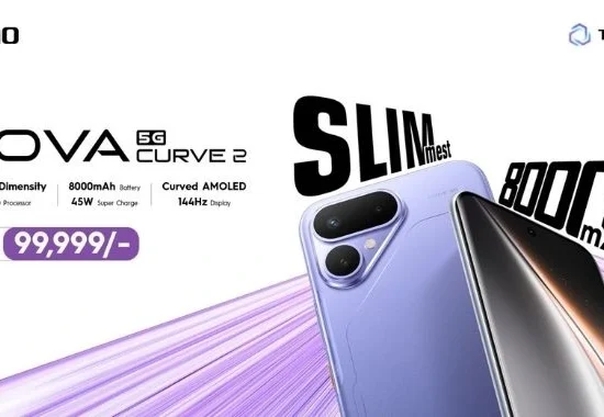 TECNO POVA Curve 2 5G launched in Pakistan at PKR 99,999, featuring an ultra-slim design, 8000mAh battery, 45W Super Charge and 144Hz curved AMOLED display.