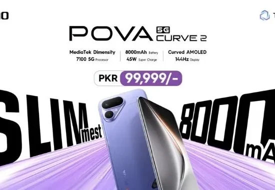 TECNO POVA Curve 2 5G smartphone priced at PKR 99,999 in Pakistan, featuring an 8000mAh battery, ultra-slim design, MediaTek Dimensity 7100 5G processor and 144Hz curved AMOLED display.